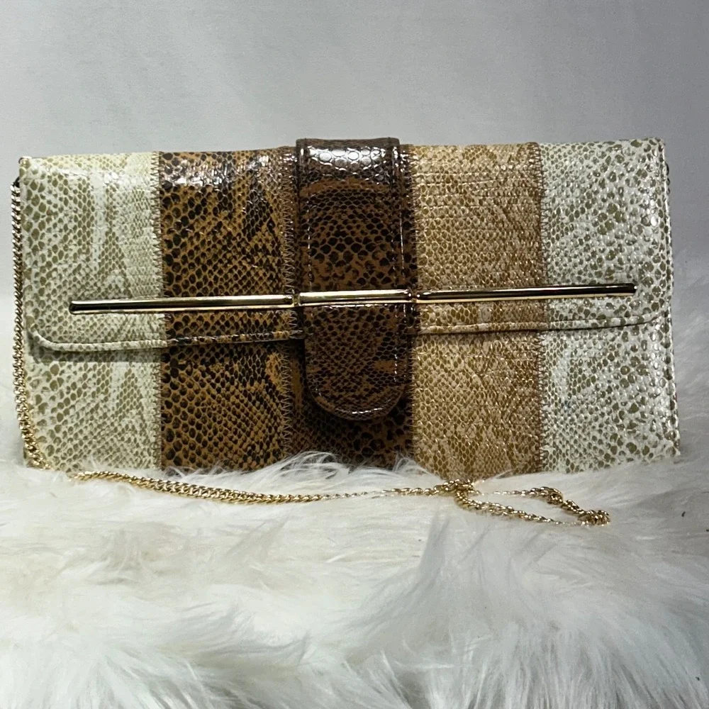 Chic Snake Print Patchwork‎ Clutch Evening Bag Gold Chain Strap